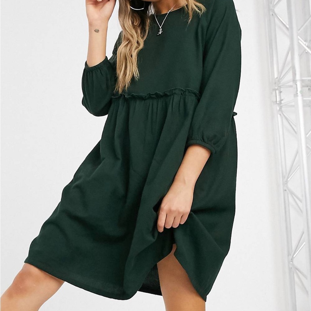 Cotton mini smock dress is dark green